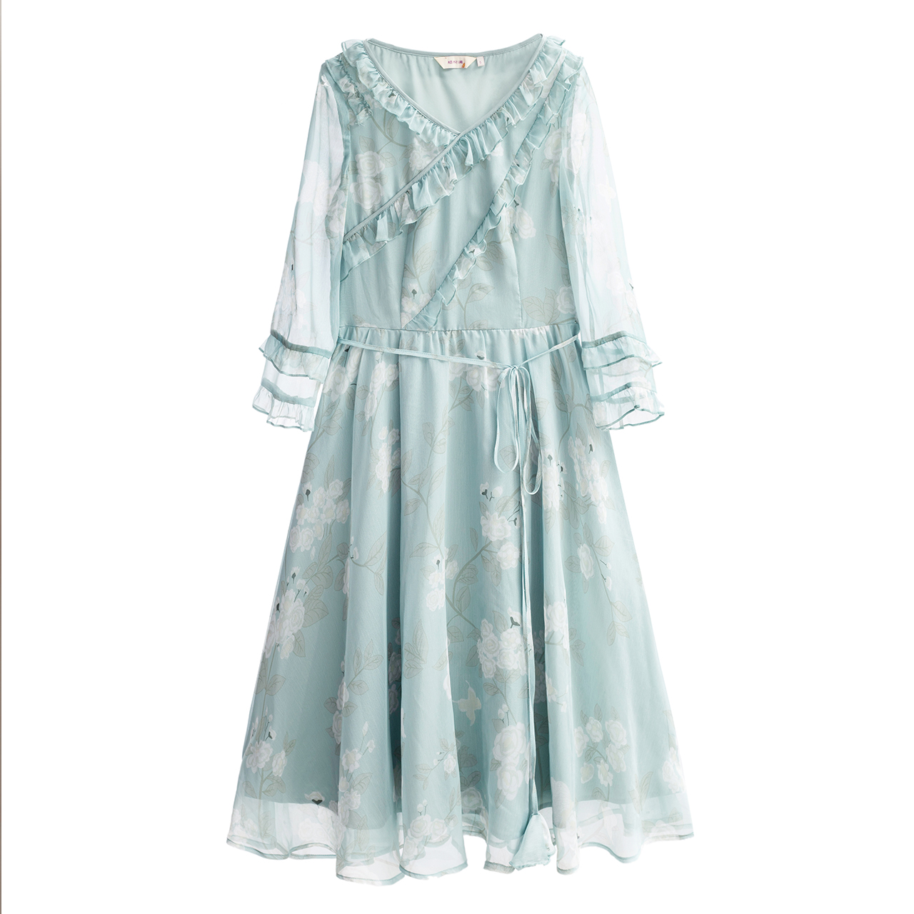 烟花烫SD连衣裙女秋2018新款七分袖印花收腰大摆中长款a字裙 滴黛3831320