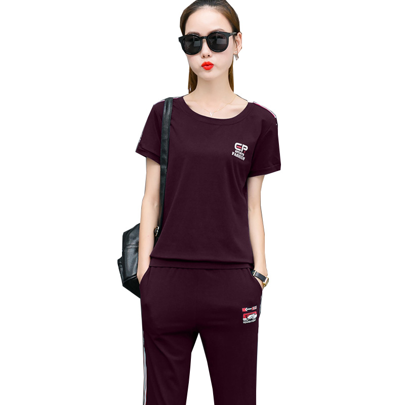 邑概念运动套装女2018夏季时尚休闲衣服短袖韩版七分裤宽松跑步两件套潮 M（建议100斤以下） 大红色