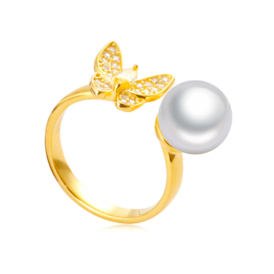 梦·梵雅时尚淡水珍珠戒指925纯银正圆无瑕活口带证书金色