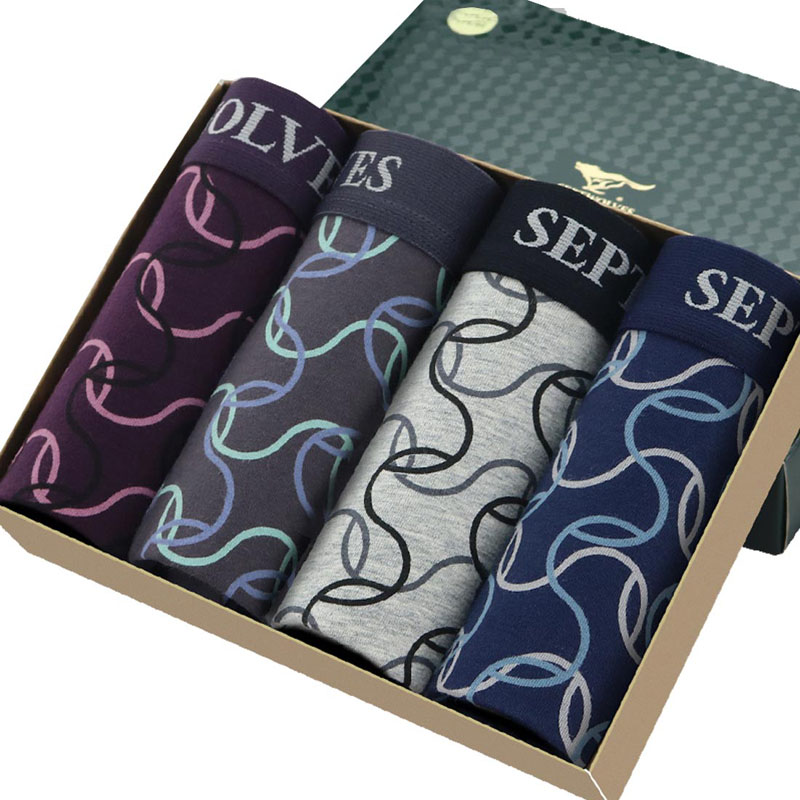 七匹狼(SEPTWOLVES) 混色男士棉氨明筋印花平角裤 4条盒装