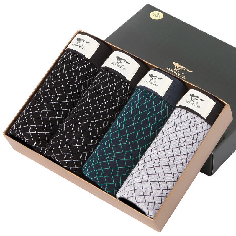 七匹狼(SEPTWOLVES) 混色男士兰精粘纤印花平脚裤 4条盒装