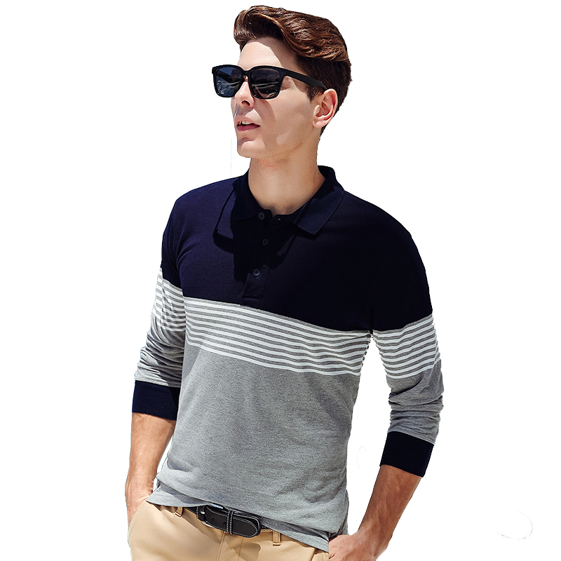 【自营】杰米克男装 休闲翻领合身条纹棉质T恤男士长袖POLO衫