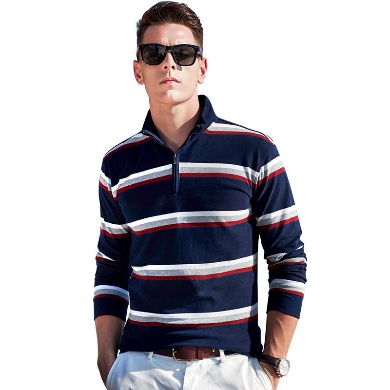 杰米克2018春季新款 商务休闲拉链立领条纹长袖POLO衫 男 春款