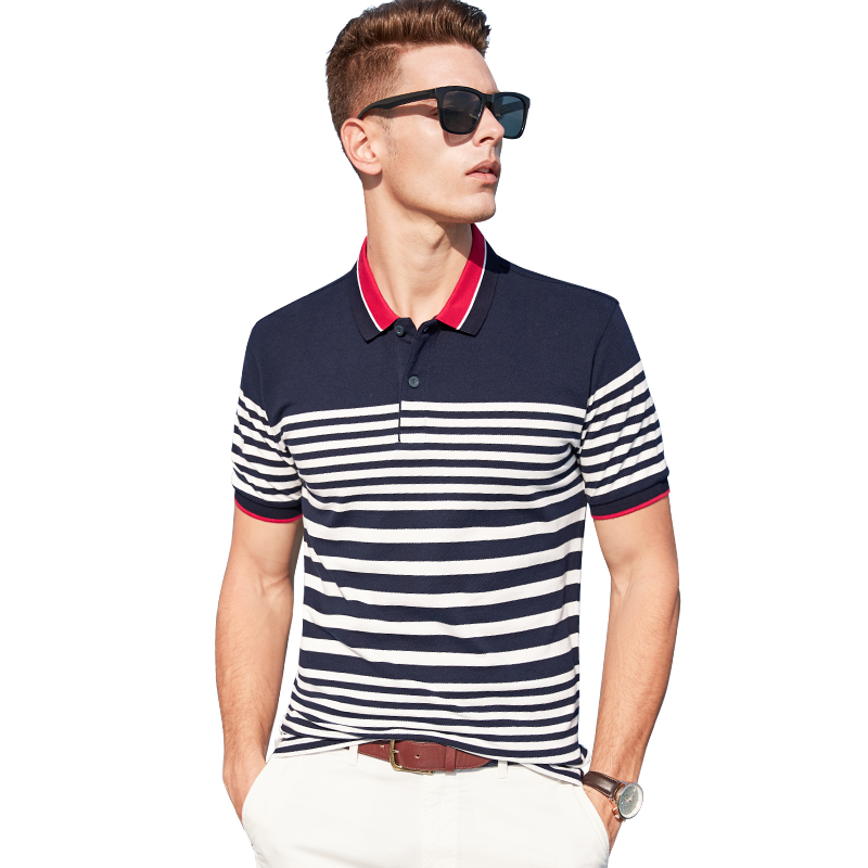 杰米克(JenMick)新款男士经典简约休闲撞色条纹短袖polo