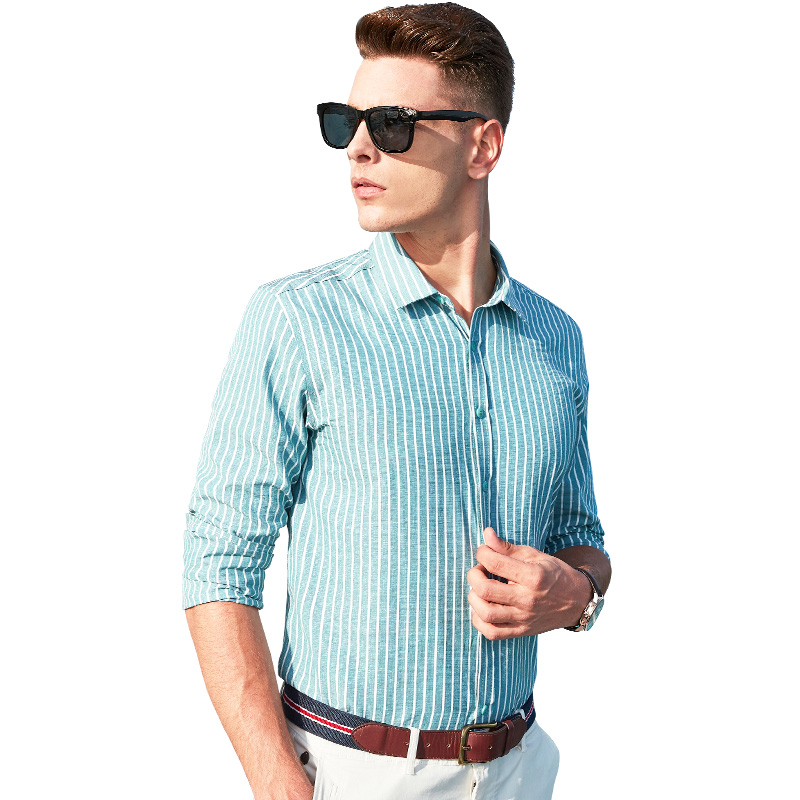 杰米克 简洁大气夏季爆款百搭方领合身棉质竖条纹男士长袖衬衫