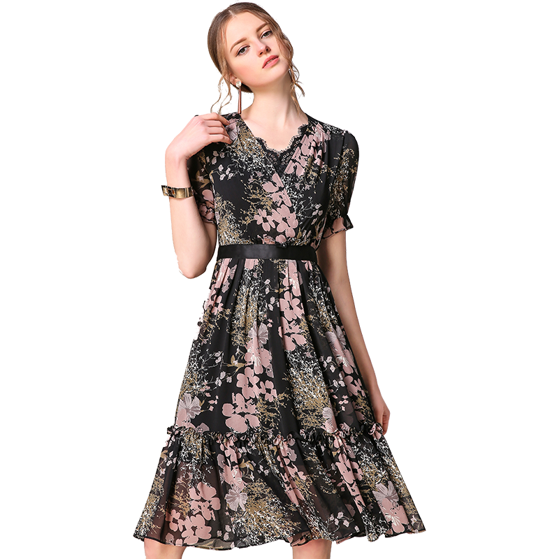 LUXLEAD洛诗琳2017年春装新品拼接蕾丝V领收腰短袖连衣裙LXDR570403