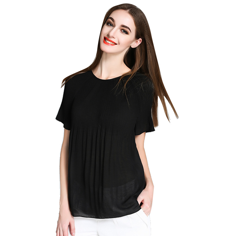 LUXLEAD洛诗琳2016年春夏黑色圆领压褶中长款插肩袖上衣XSHK61046