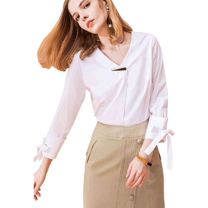 洛诗琳2017秋装新款V领衬衫女 简约气质时尚折边绑带袖白色衬衣LQSH371951