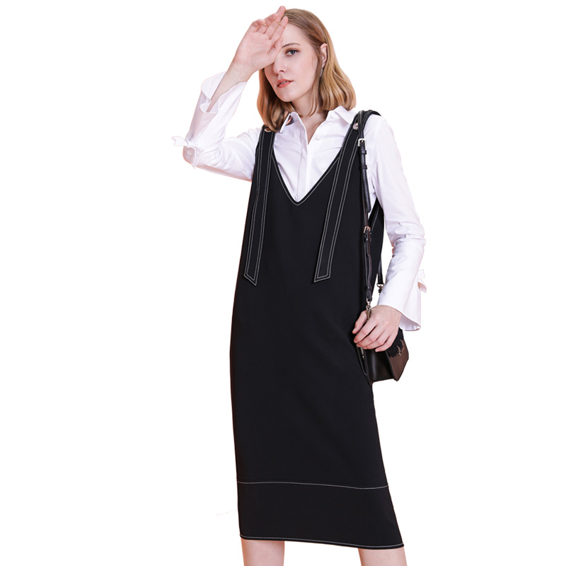 洛诗琳2017秋装新款女百搭简约宽松无袖V领背带式黑色连衣裙中裙LQDR572693