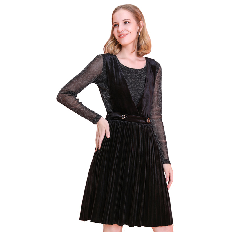洛诗琳2017秋装新款女长袖两件套优雅高腰修身显瘦黑色亮丝连衣裙LQDR372669