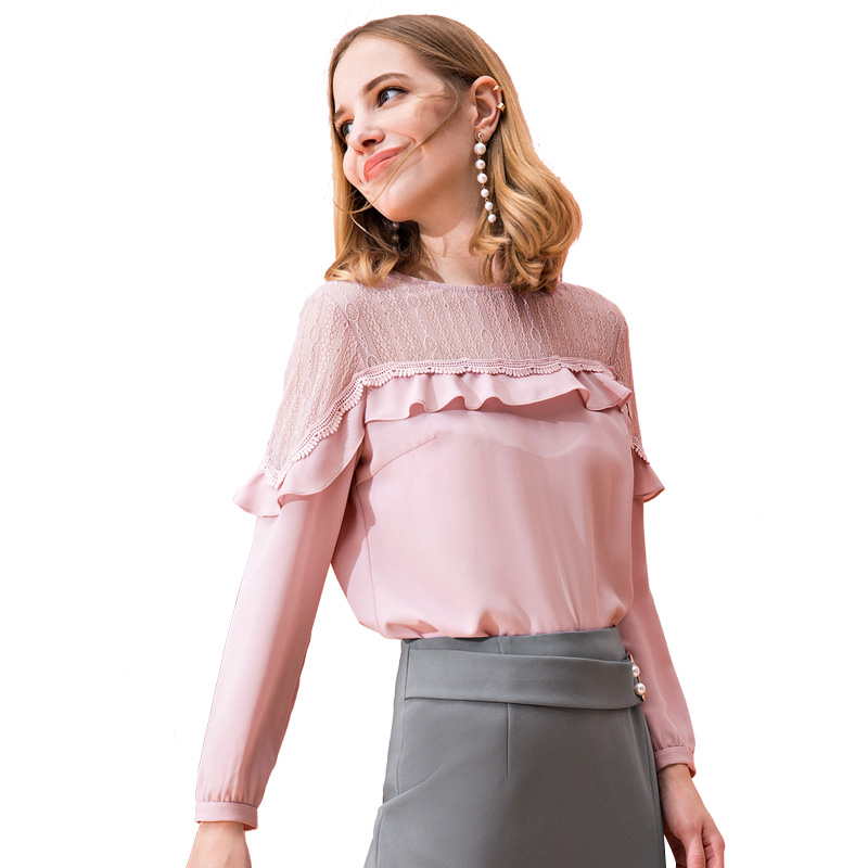 洛诗琳2017秋装新款蕾丝拼接 甜美淑女纯色长袖荷叶边上衣LQSH971938