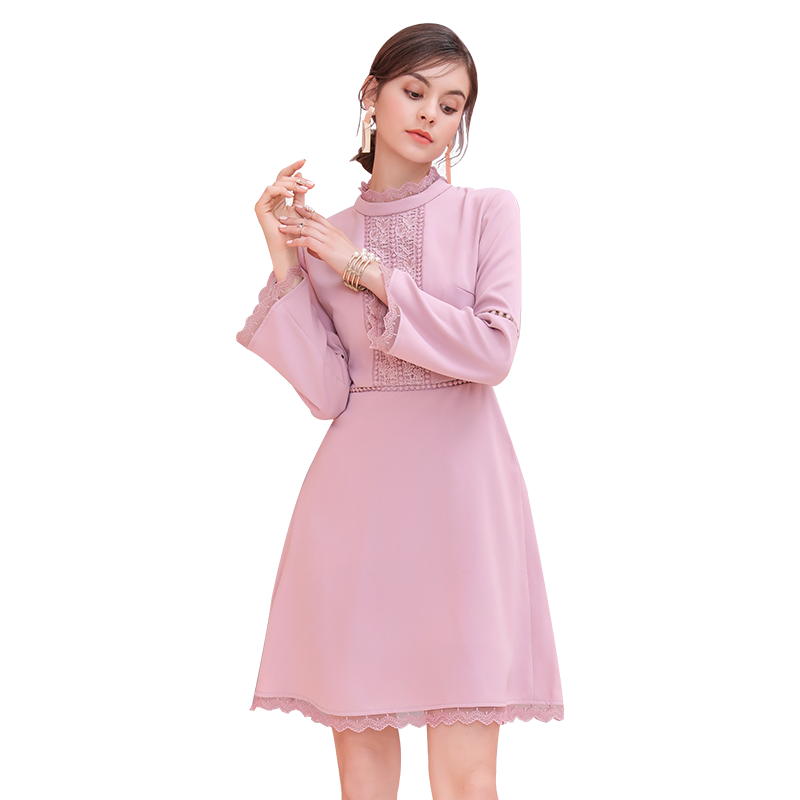 洛诗琳2017秋季新款女装拼接花边A字裙中裙甜美喇叭袖粉色连衣裙LQDR972229
