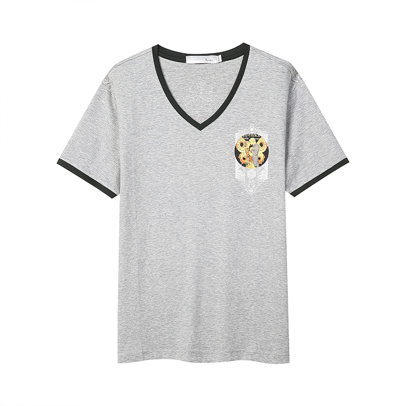 阿仕顿夏季清仓短袖T恤时尚个性印花V领半袖拼接短款T恤