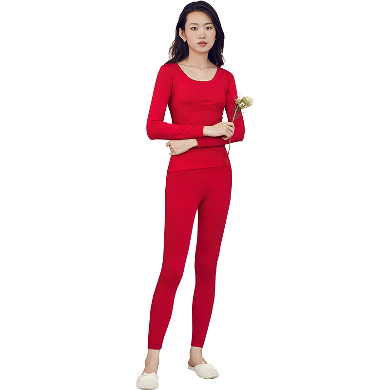茵曼 舒适蕾丝圆领修身塑形打底家居服保暖套装 9884483093