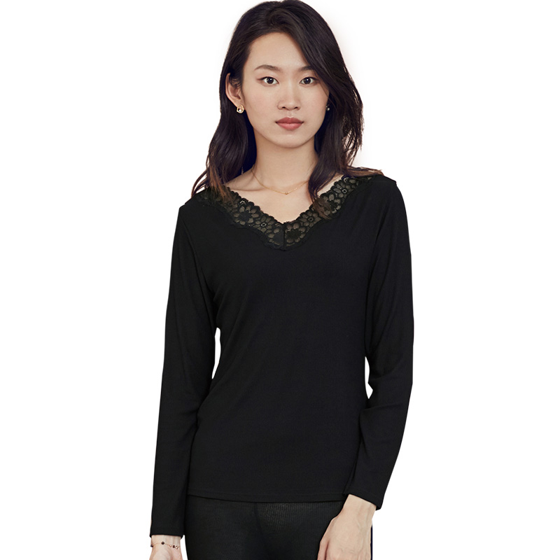 茵曼内衣 舒适轻柔蕾丝V领秋冬打底衫 家居服上衣9884483098