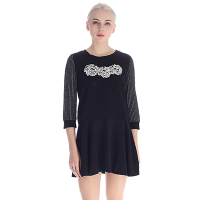 A&D女士甜美可爱花朵条纹七分袖显瘦假两件连衣裙