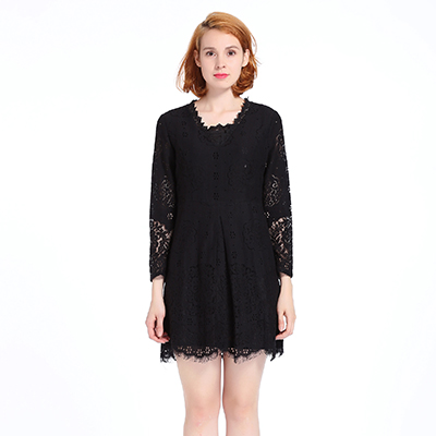 A&D女士简约镂空流苏花边下摆连衣裙