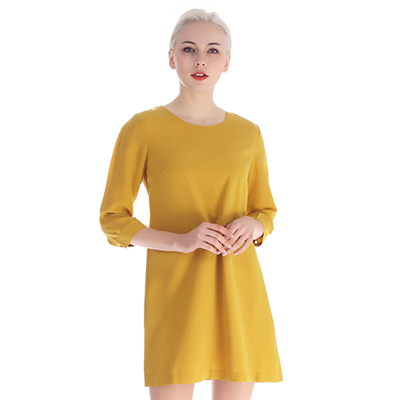 A&D女士黄色优雅圆领七分袖韩版连衣裙