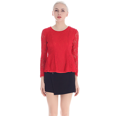 A&D女士韩版镂空蕾丝收腰显瘦T恤红色