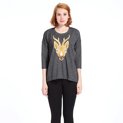 A&D女士欧美刺绣精致鹿头印花宽松七分袖T恤