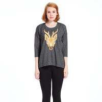 A&D女士欧美刺绣精致鹿头印花宽松七分袖T恤