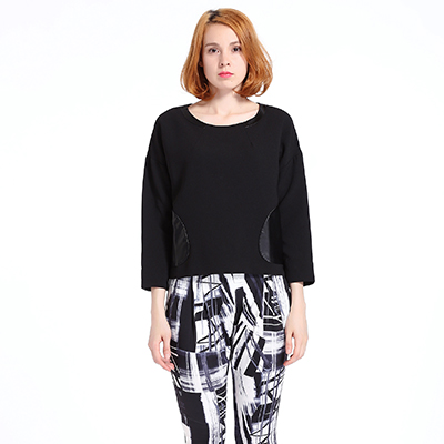 A&D女士欧美时尚落肩皮质拼接圆领口袋九分袖宽松T恤