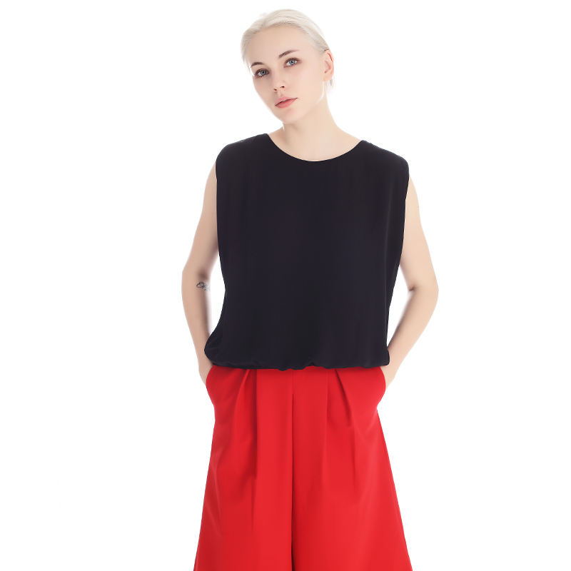 A&D女士欧美宽松圆领无袖雪纺衫黑色