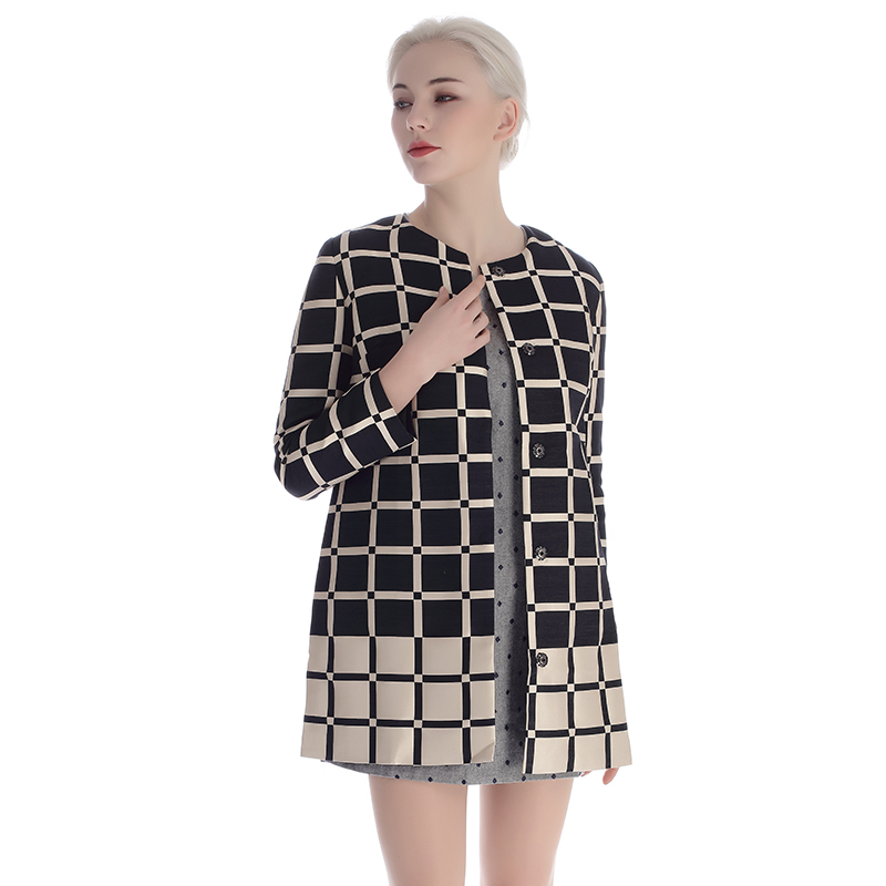 A&D女装优雅格纹拼色暗扣风衣黑色