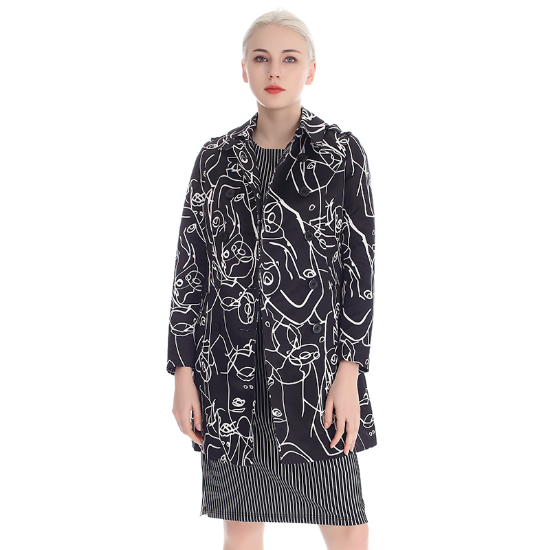 A&D女装英伦双排扣翻领风衣黑色