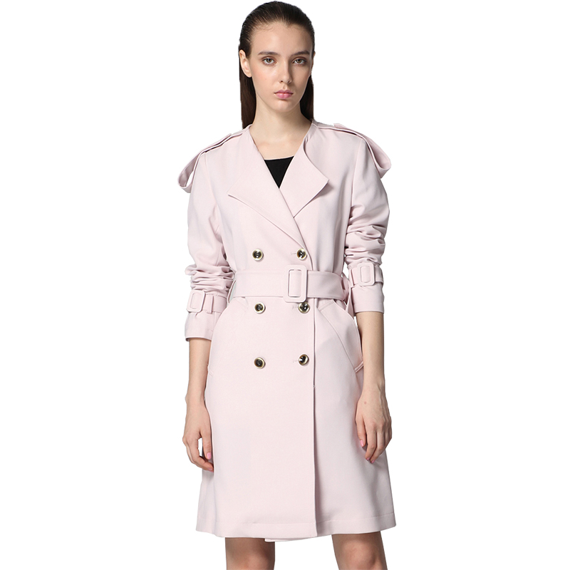 A&D时尚无领中长款风衣粉色