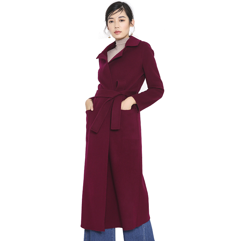 A&D超长款同色双面羊毛大衣酒红色