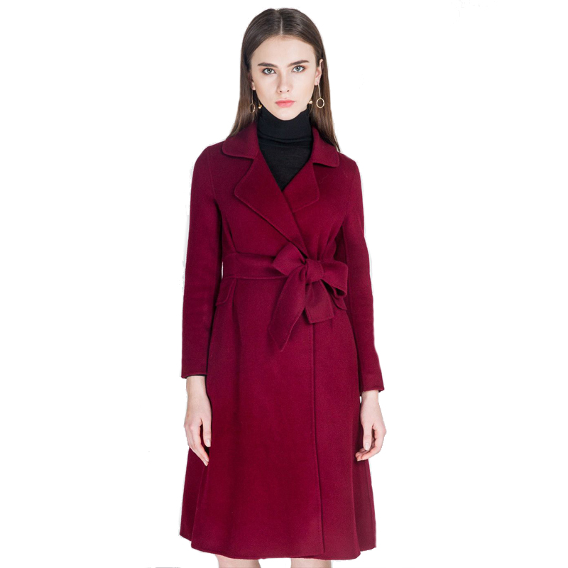A&D中长款系腰带双面羊毛大衣酒红色