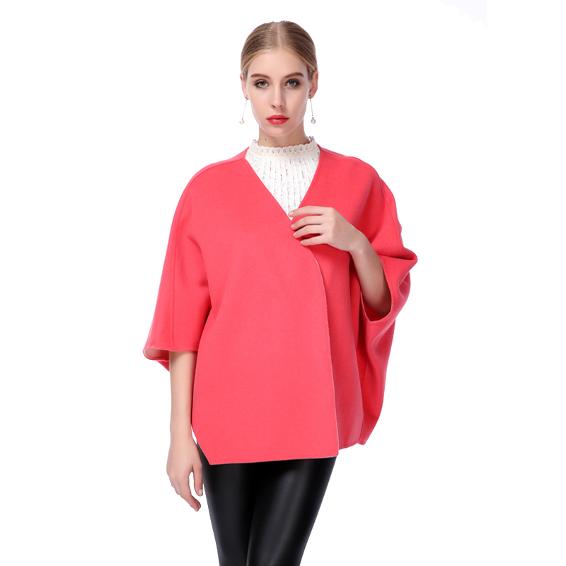 A&D异色双面羊毛斗篷大衣西瓜红