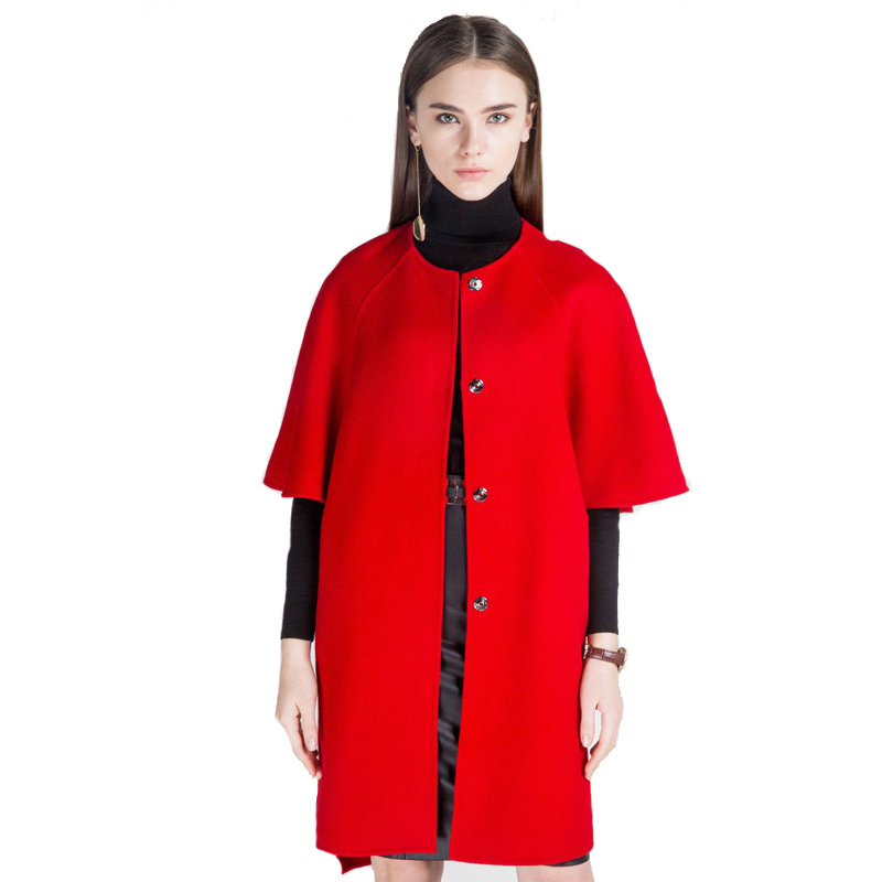 A&DV领暗扣中袖双面呢羊毛大衣大红色