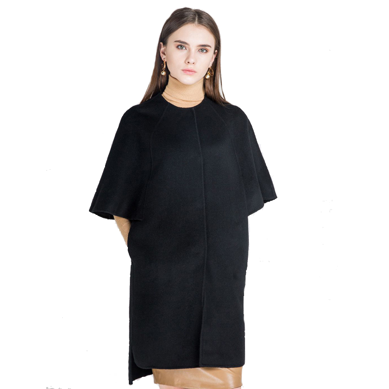 A&DV领暗扣中袖双面呢羊毛大衣黑色