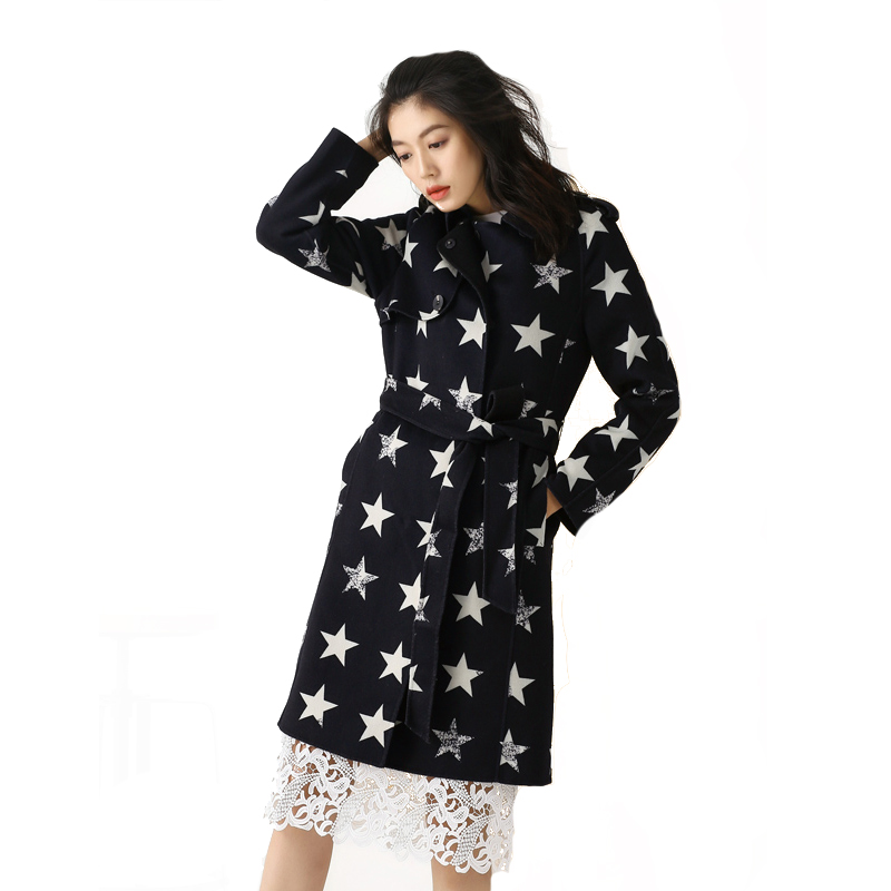 A&D星星印花工艺系修身腰带双面羊毛大衣黑色