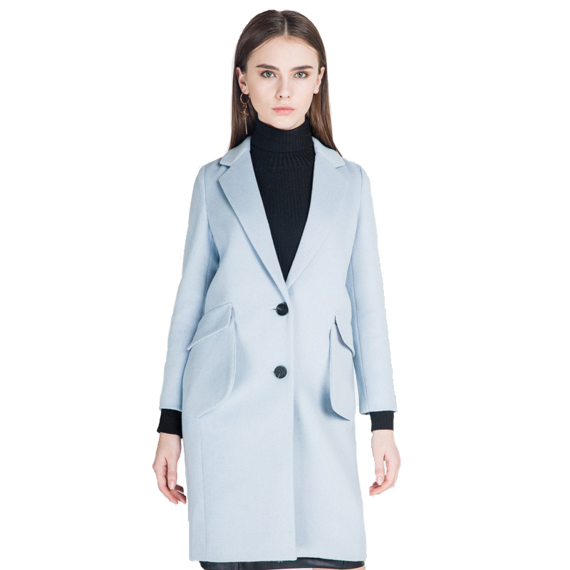 A&D立体口袋设计小西装领中长款羊毛大衣水蓝色