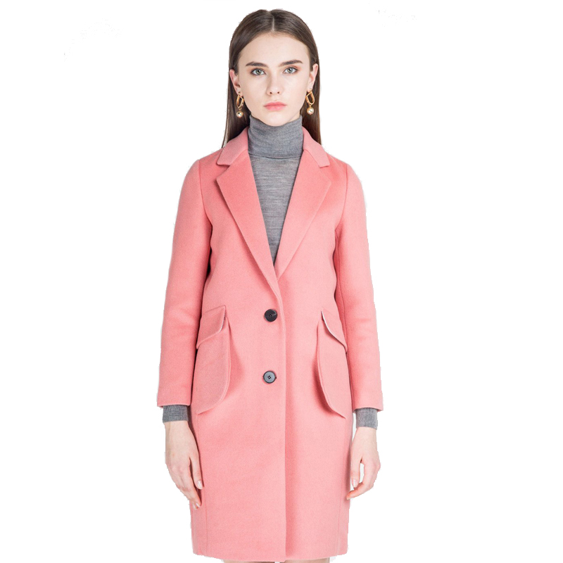 A&D立体口袋设计小西装领中长款羊毛大衣粉色
