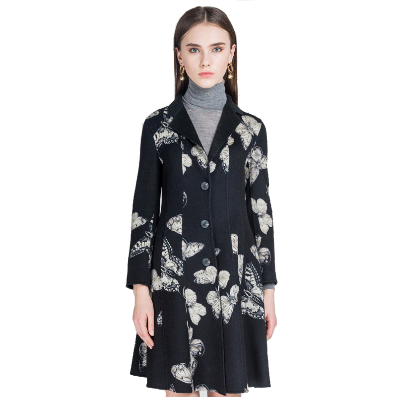 A&D蝴蝶印花修身中长款双面羊毛大衣黑色