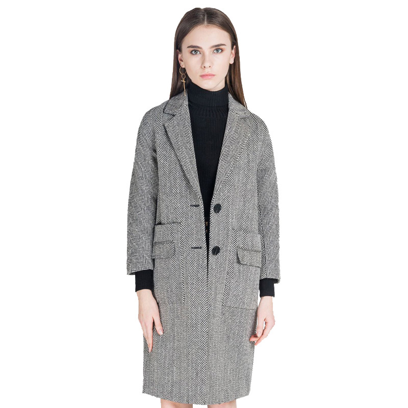 A&D人字纹插肩袖一粒扣宽松羊毛大衣黑色