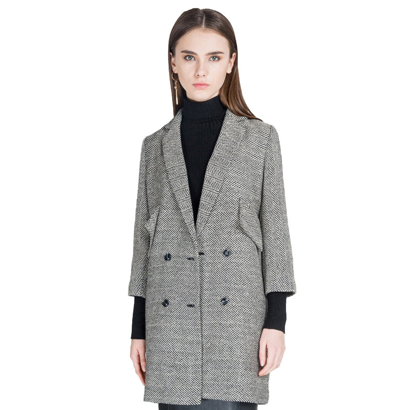 A&D人字纹茧型西服领羊毛大衣黑色