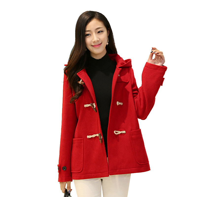 A&D木制牛角扣连帽羊毛外套红色