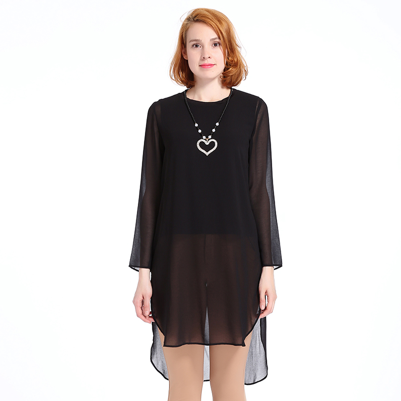 A&D女装休闲圆领微透下摆开叉雪纺连衣裙