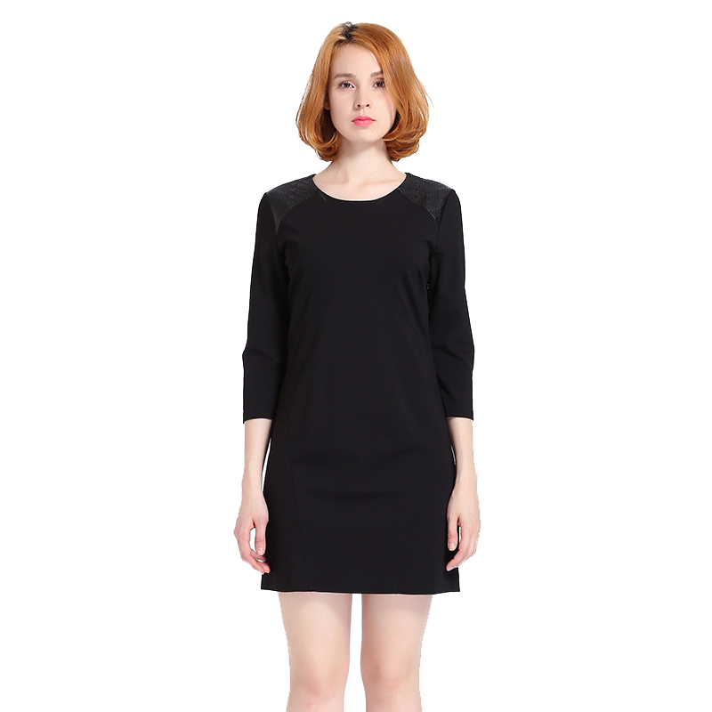 A&D女装时尚皮质拼接七分袖包臀连衣裙