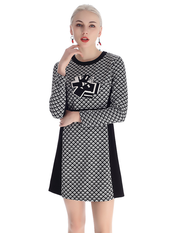 A&D女装时尚花纹贴布收腰显瘦连衣裙