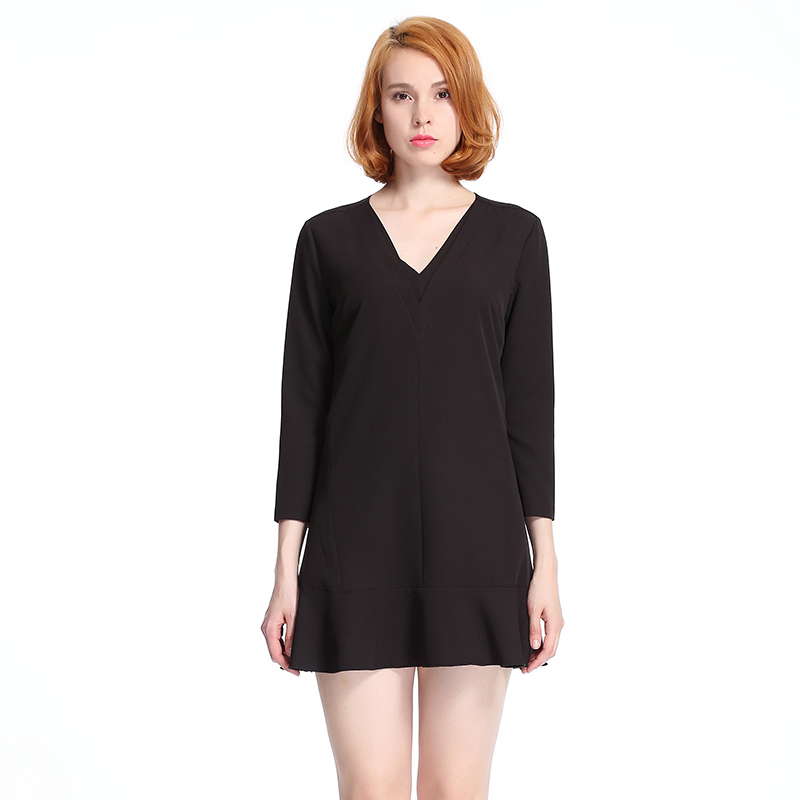 A&D女装气质V领显瘦荷叶边下摆连衣裙