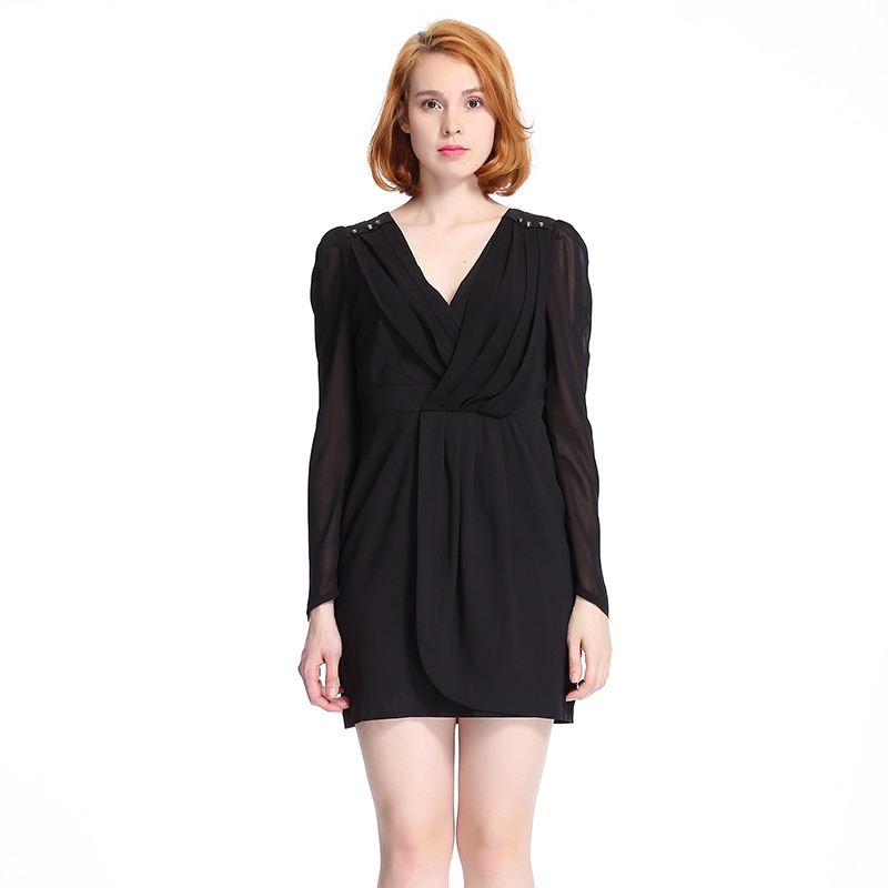 A&D女装气质V领褶皱雪纺袖高腰连衣裙