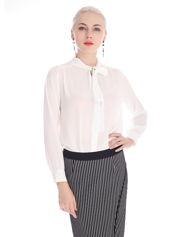 A&D女装淑女流苏领带白色雪纺衬衫