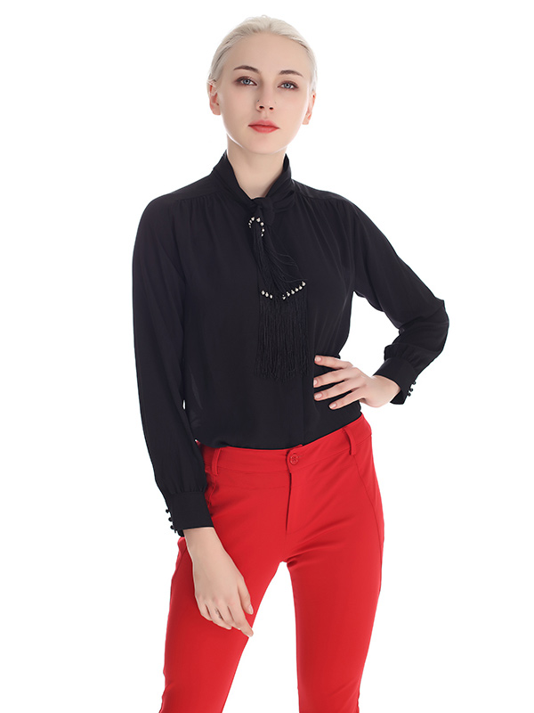 A&D女装淑女流苏领带黑色雪纺衬衫
