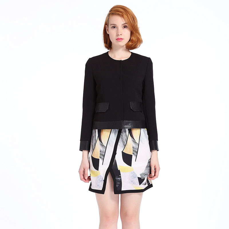 A&D女装黑色圆领皮质拼接百搭短外套